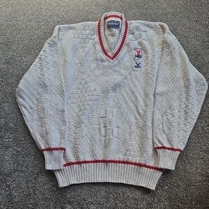 Cream V-Neck Sweater with Red Trim